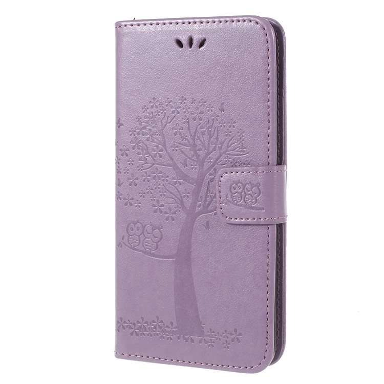For Samsung Galaxy A6 (2018) Imprint Tree Owl Wallet Stand PU Leather Mobile Case - Light Purple-2