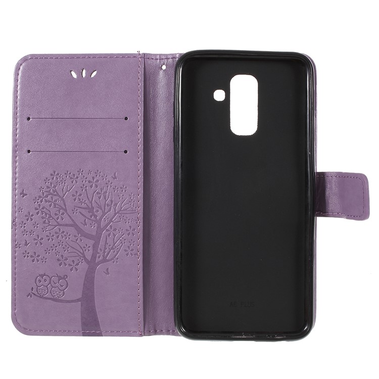 For Samsung Galaxy A6 (2018) Imprint Tree Owl Wallet Stand PU Leather Mobile Case - Light Purple-6