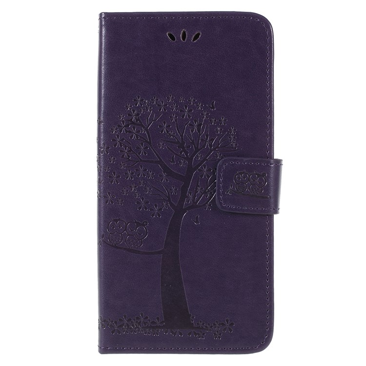 For Samsung Galaxy A6 (2018) Imprint Tree Owl Wallet Stand PU Leather Mobile Phone Case - Dark Purple-1