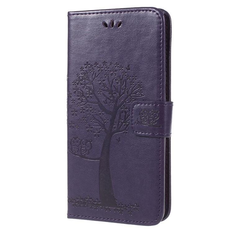 For Samsung Galaxy A6 (2018) Imprint Tree Owl Wallet Stand PU Leather Mobile Phone Case - Dark Purple-2