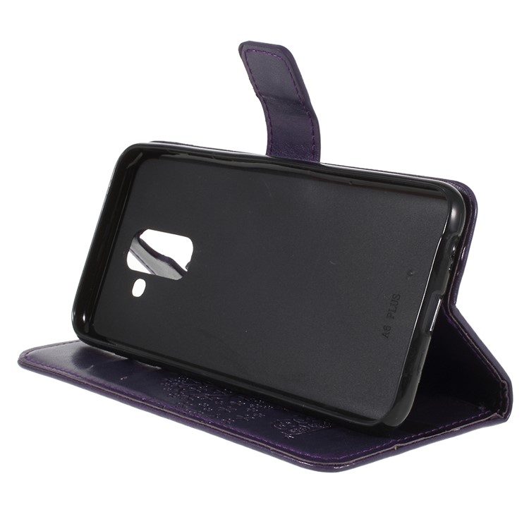 For Samsung Galaxy A6 (2018) Imprint Tree Owl Wallet Stand PU Leather Mobile Phone Case - Dark Purple-4