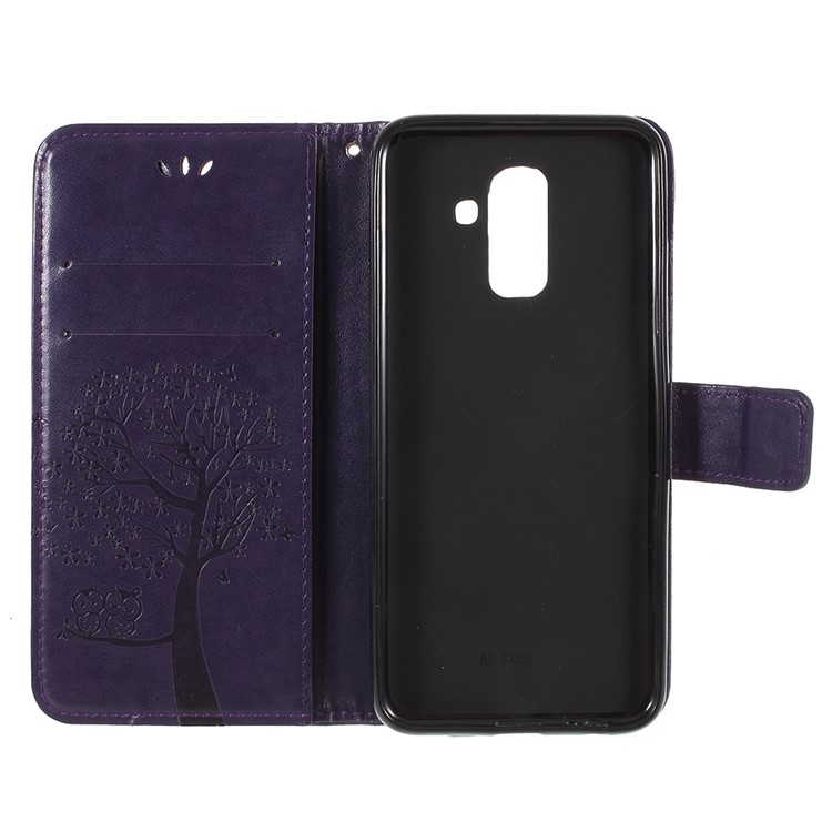 For Samsung Galaxy A6 (2018) Imprint Tree Owl Wallet Stand PU Leather Mobile Phone Case - Dark Purple-6
