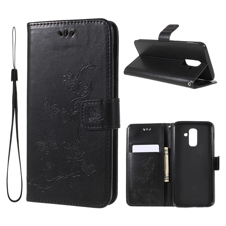 Imprint Butterfly Flowers Magnetic Wallet Leather Stand Case for Samsung Galaxy A6 (2018) - Black-1