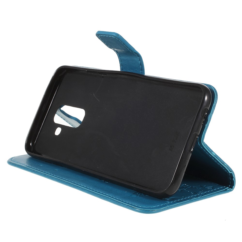 Imprint Butterfly Flores Magnetic Wallet Stand Celular Shell Para Samsung Galaxy A6 (2018) - Azul-4