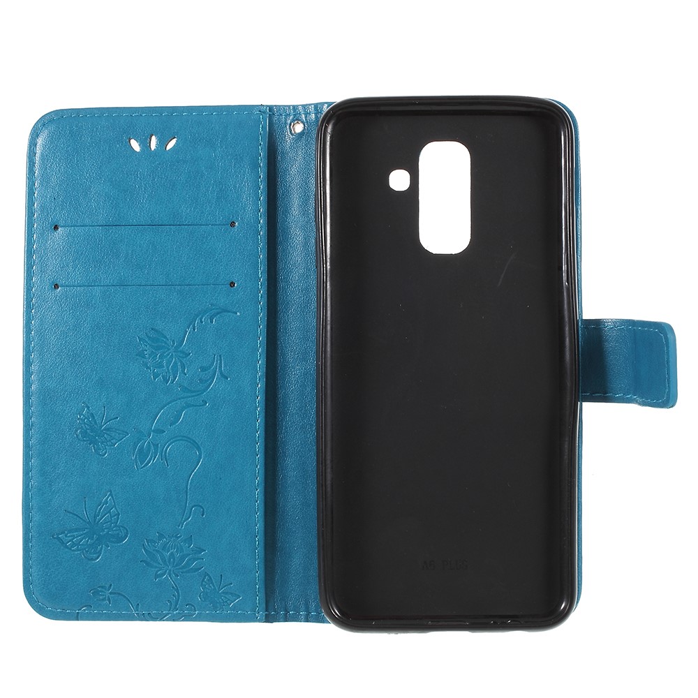 Escudo Magnético Do Telemóvel Do Suporte Do Couro Da Carteira Das Flores Da Borboleta Da Cópia Para Samsung Galaxy A6 (2018) - Azul-6