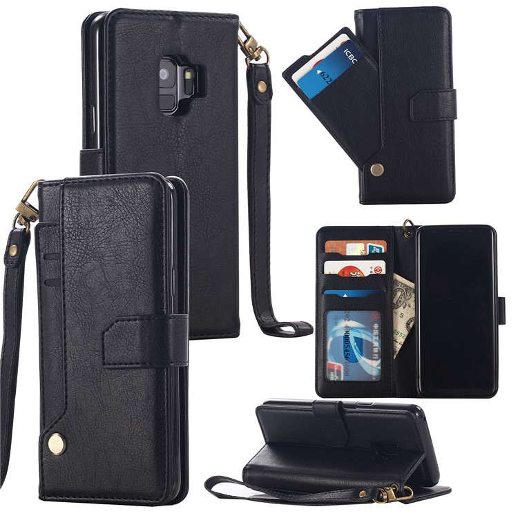 

PU Leather Wallet Cover + Detachable Leather Coated TPU Back Casing for Samsung Galaxy S9 SM-G960 - Black