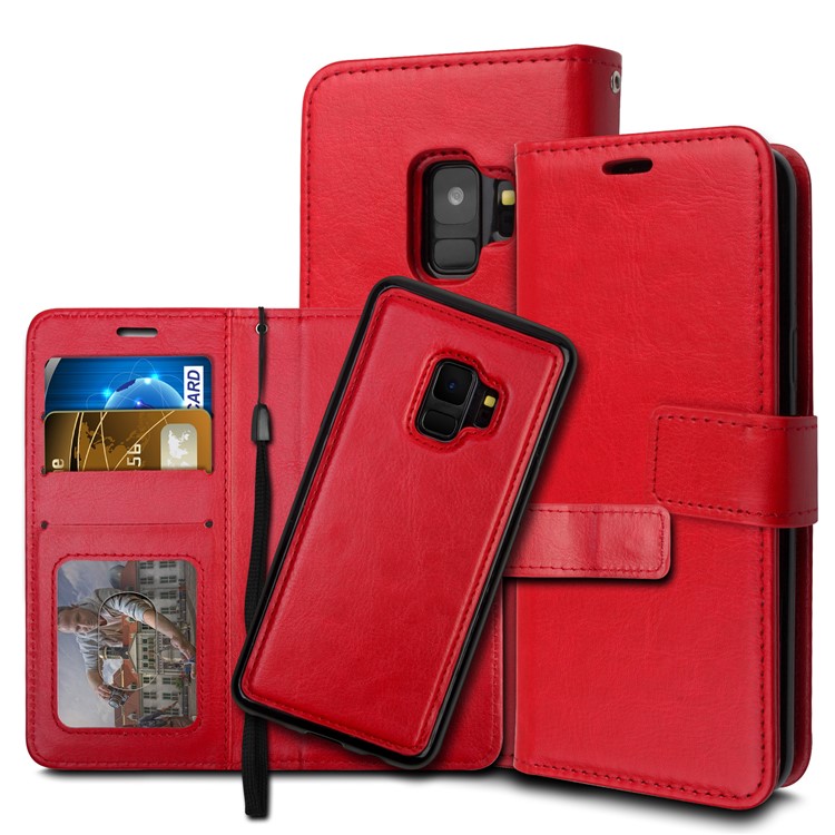 

PU Leather Wallet Cover + Detachable Leather Coated TPU Back Cover for Samsung Galaxy S9 SM-G960 - Red