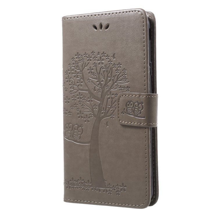 Impressum Baum Eule Muster Pu-leder Magnetische Brieftasche Telefonabdeckung Für Samsung Galaxy J7 (2018) - Grau-3