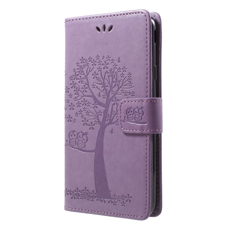 Imprint Tree Owl Pattern Card Holder Leather Cell Phone Cover for Samsung Galaxy J7 (2018) J737 - Light Purple-3