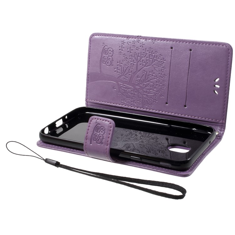 Imprint Tree Owl Pattern Card Holder Leather Cell Phone Cover for Samsung Galaxy J7 (2018) J737 - Light Purple-5