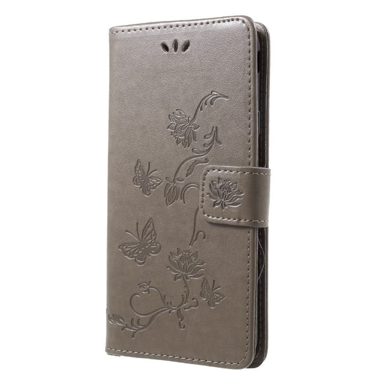 Imprint Butterfly Flower Stand Wallet Leather Folio Flip Phone Shell for Samsung Galaxy J7 (2018) J737 - Grey-3