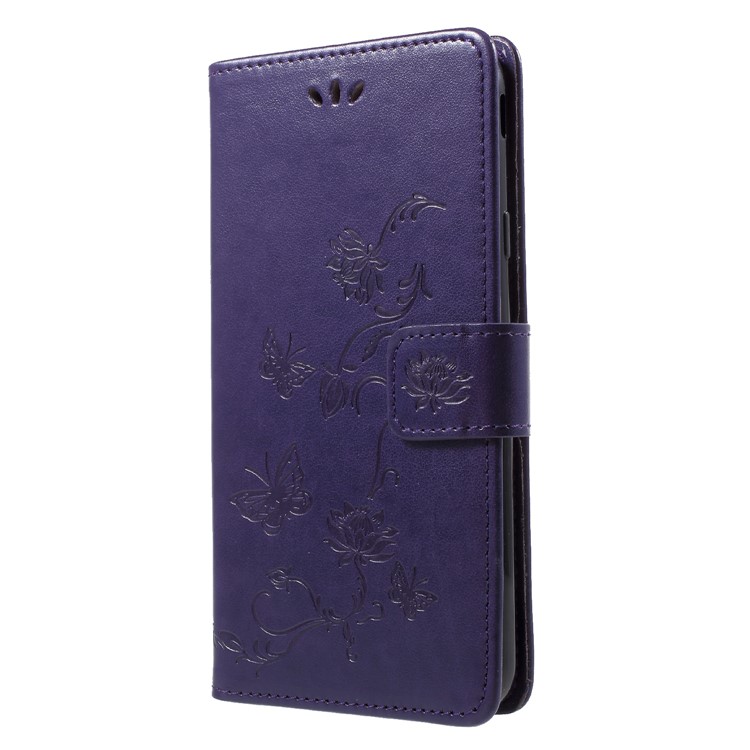 Imprint Butterfly Flower PU Leather Wallet Stand Case Cover Shell for Samsung Galaxy J7 (2018) J737 - Dark Purple-3