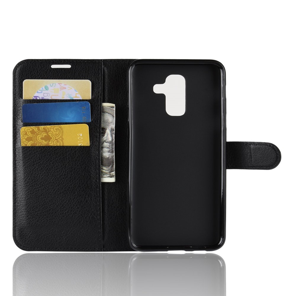 Litchi Skin PU Leder Magnet Wallet Stand Hülle Für Samsung Galaxy A6+(2018) - Schwarz-3