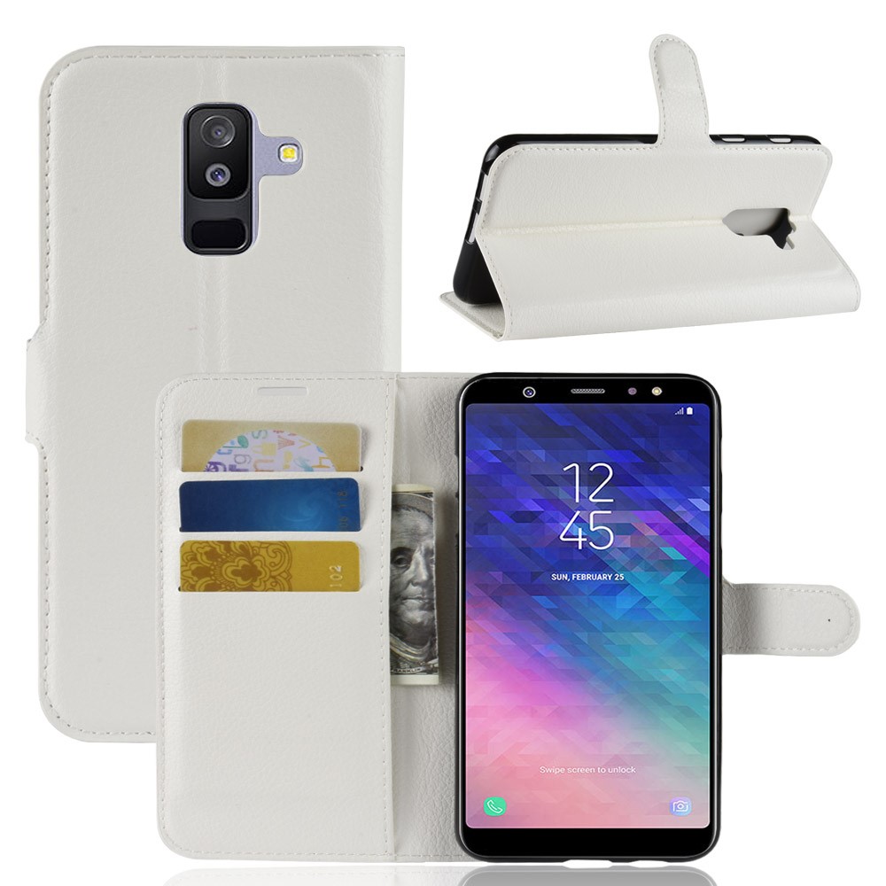 Litchi Pele PU Carteira De Couro Magnética Ficar Tampa Para Samsung Galaxy A6 Plus (2018) - Branco-1