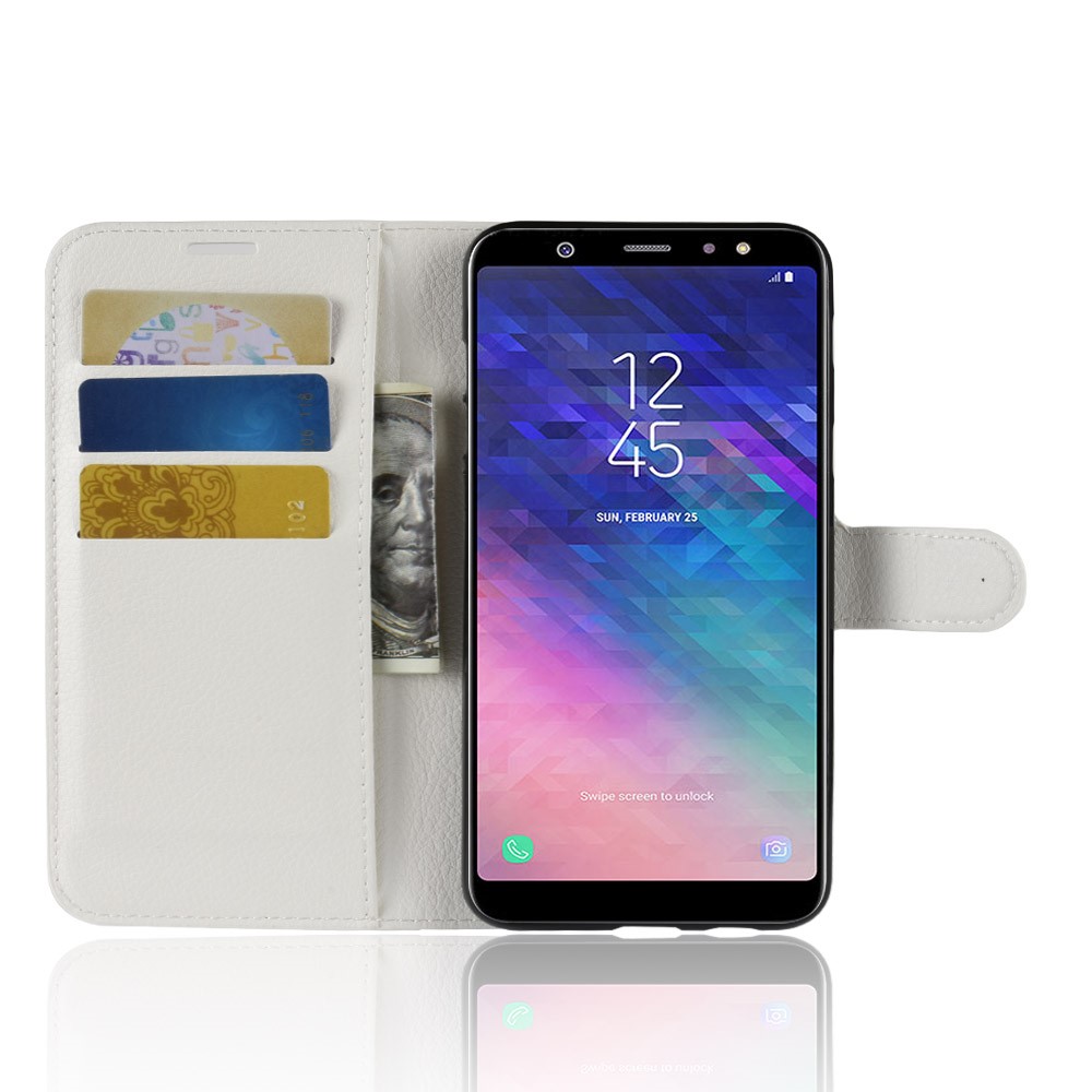 Litchi Pele PU Carteira De Couro Magnética Ficar Tampa Para Samsung Galaxy A6 Plus (2018) - Branco-4