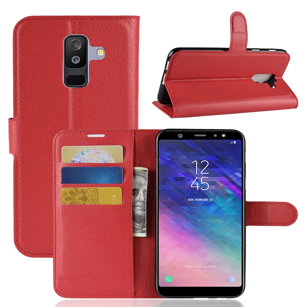 Litchi Skin pu Кожаная Магнитная Кошелька Оболочка Для Samsung Galaxy A6 Plus (2018) - Красный