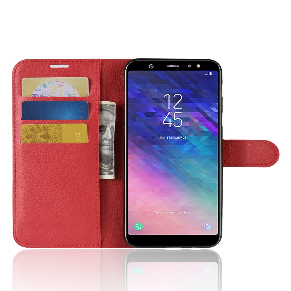 Litchi Skin PU Couather Magnetic Stand Stand Shell Para Samsung Galaxy A6 Plus (2018) - Vermelho