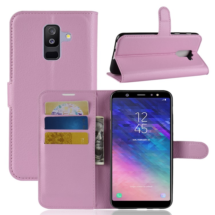 Litchi Skin PU Leather Magnetic Wallet Stand Mobile Phone Case for Samsung Galaxy A6+ (2018) - Pink-1