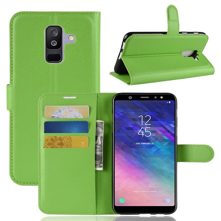 Litchi Skin PU Leather Magnetic Wallet Stand Cell Phone Case for Samsung Galaxy A6+ (2018) - Green-1