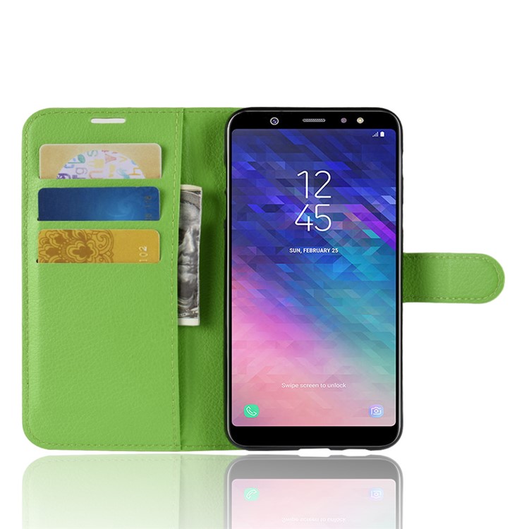 Litchi Skin PU Leather Magnetic Wallet Stand Cell Phone Case for Samsung Galaxy A6+ (2018) - Green-4