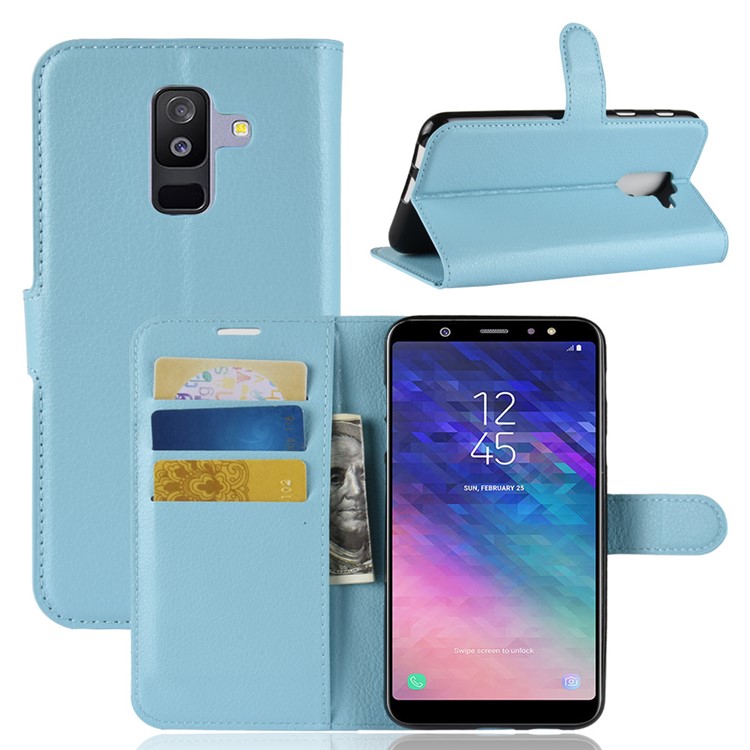 Litchi Skin PU Leather Magnetic Wallet Stand Mobile Phone Shell for Samsung Galaxy A6+ (2018) - Blue-1