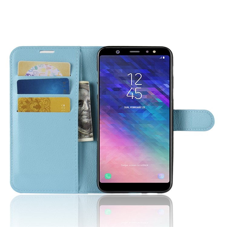 Litchi Skin PU Leather Magnetic Wallet Stand Mobile Phone Shell for Samsung Galaxy A6+ (2018) - Blue-4