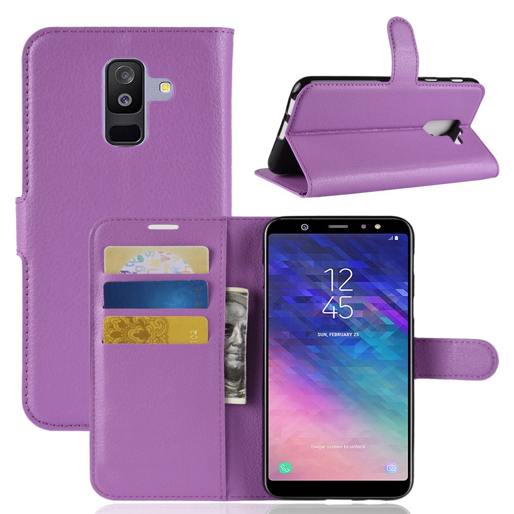 Litchi Skin PU Leather Magnetic Wallet Stand Cell Phone Shell for Samsung Galaxy A6+ (2018) - Purple-1