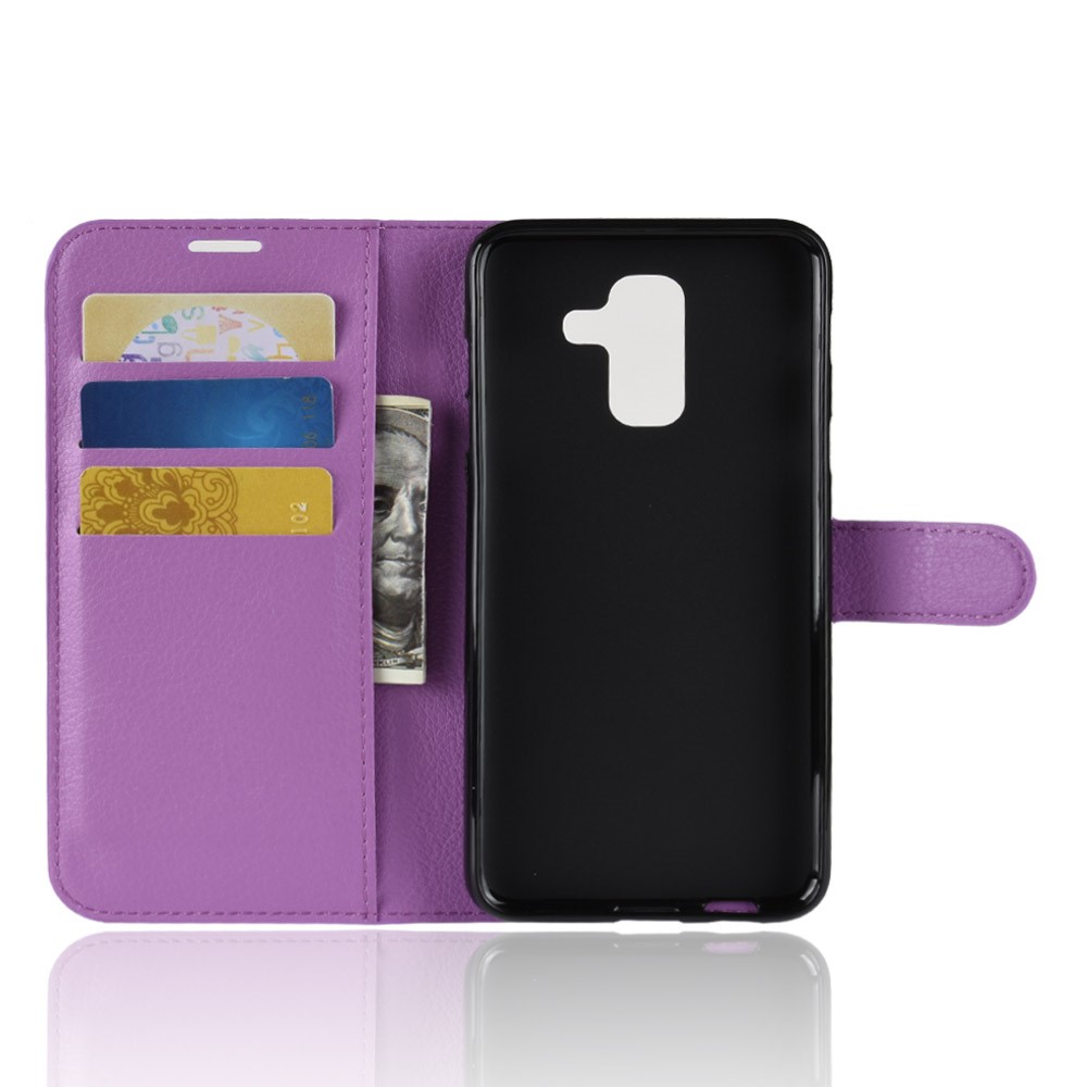 Litchi Skin PU Leather Magnetic Wallet Stand Cell Phone Shell for Samsung Galaxy A6+ (2018) - Purple-3