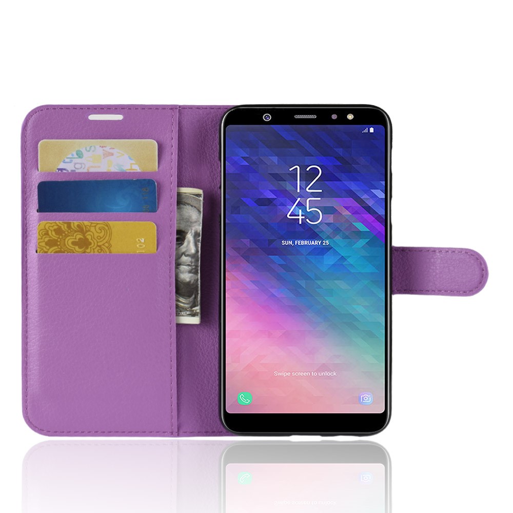 Litchi Skin PU Leather Magnetic Wallet Stand Cell Phone Shell for Samsung Galaxy A6+ (2018) - Purple-4