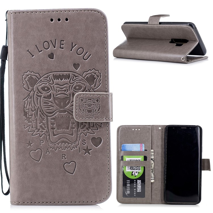 Imprint Tiger Leather Wallet Stand Case with Lanyard for Samsung Galaxy S9+ G965 - Grey-1