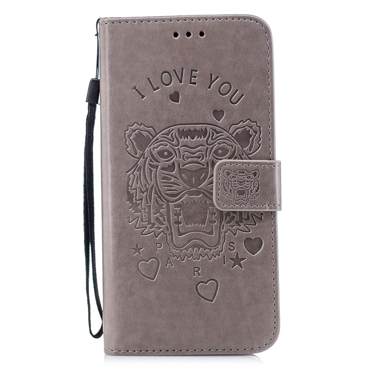 Imprint Tiger Leather Wallet Stand Case with Lanyard for Samsung Galaxy S9+ G965 - Grey-2