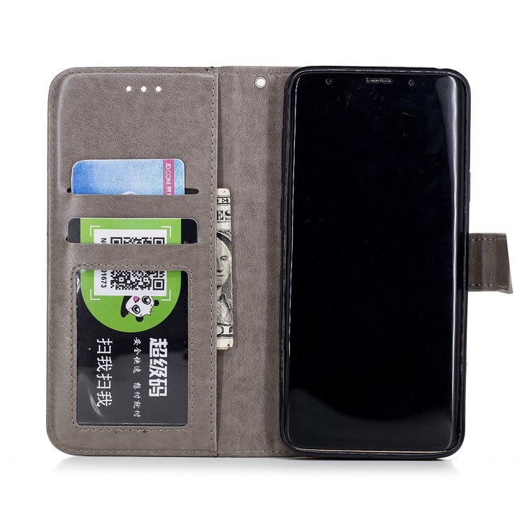 Imprint Tiger Leather Wallet Stand Case with Lanyard for Samsung Galaxy S9+ G965 - Grey-8