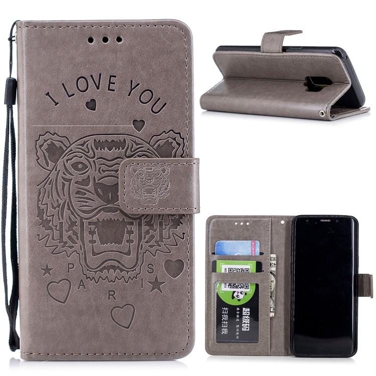 Imprint Tiger Leather Wallet Stand Case with Lanyard for Samsung Galaxy S9 G960 - Grey-1