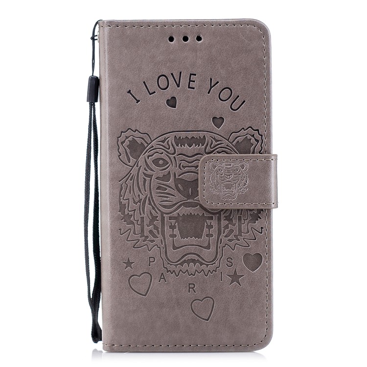 Imprint Tiger Leather Wallet Stand Case with Lanyard for Samsung Galaxy S9 G960 - Grey-2