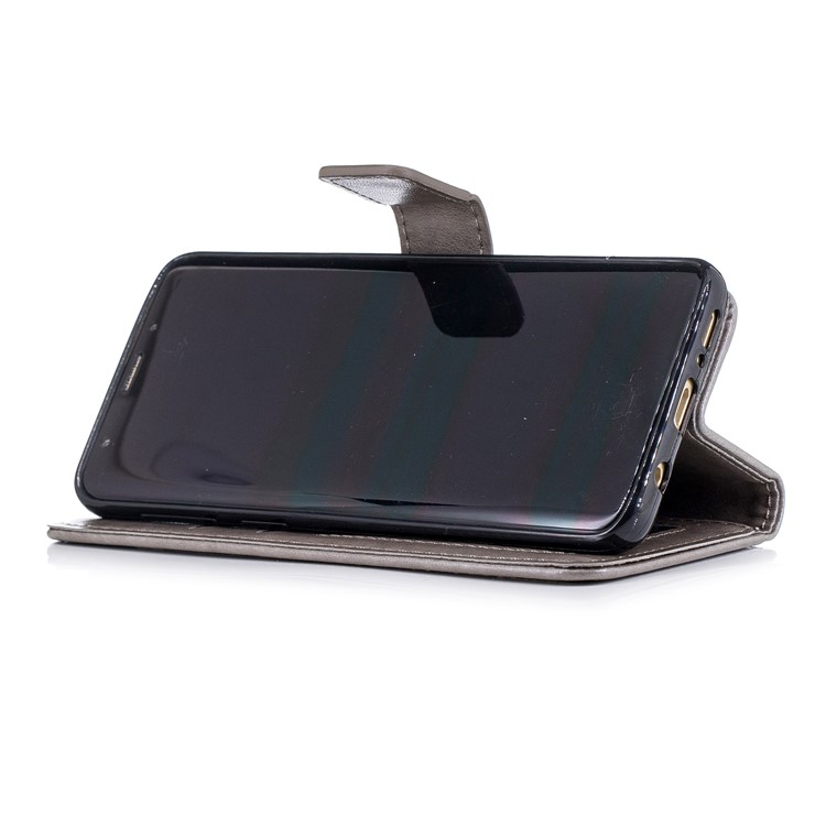 Imprint Tiger Leather Wallet Stand Case with Lanyard for Samsung Galaxy S9 G960 - Grey-5
