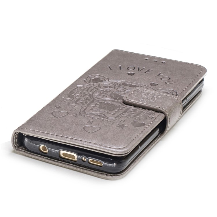 Imprint Tiger Leather Wallet Stand Case with Lanyard for Samsung Galaxy S9 G960 - Grey-6