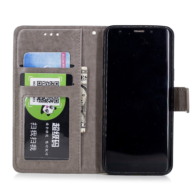 Imprint Tiger Leather Wallet Stand Case with Lanyard for Samsung Galaxy S9 G960 - Grey-8