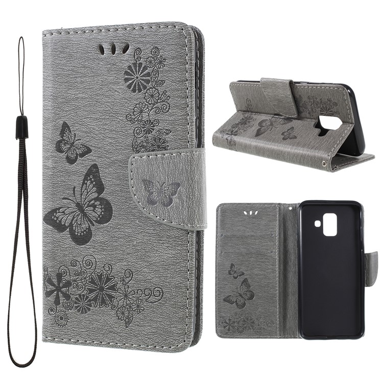 Imprint Butterfly Flower Leather Wallet Case for Samsung Galaxy A6 (2018) - Grey-1