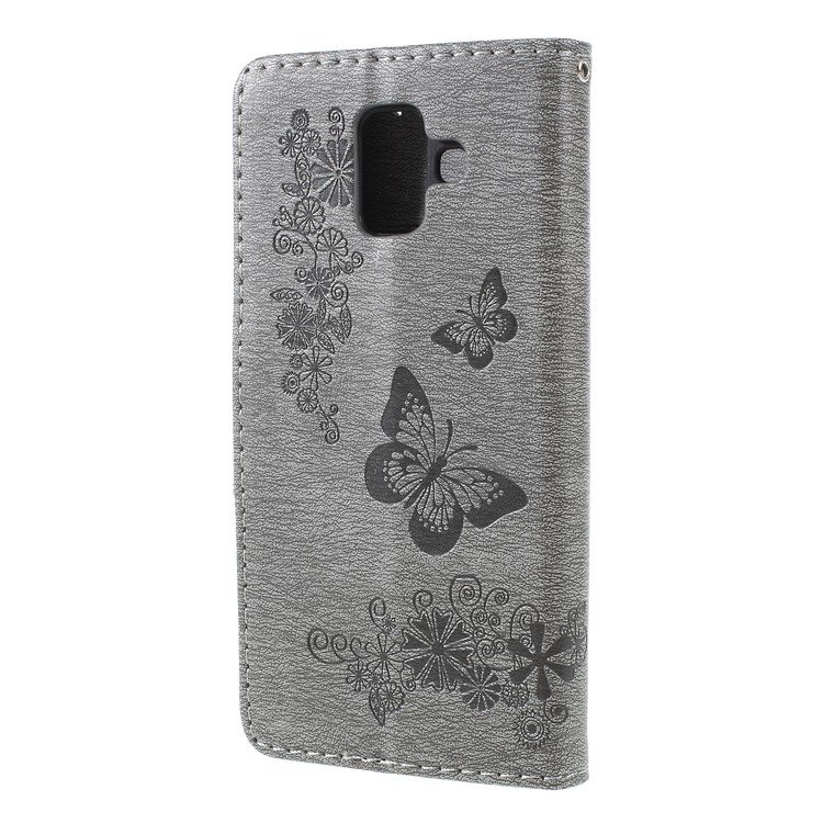 Imprint Butterfly Flower Leather Wallet Case for Samsung Galaxy A6 (2018) - Grey-2