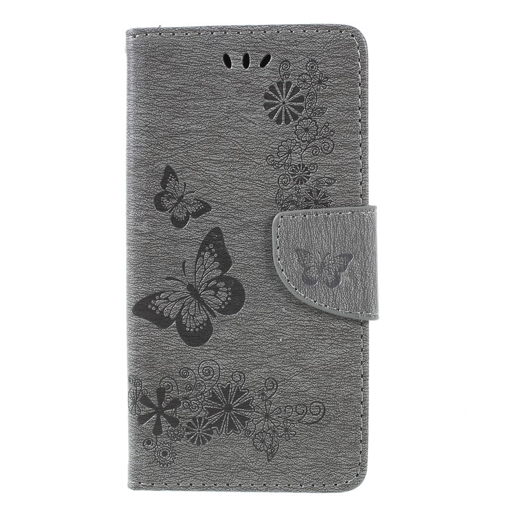 Imprint Butterfly Flower Leather Wallet Case for Samsung Galaxy A6 (2018) - Grey-3