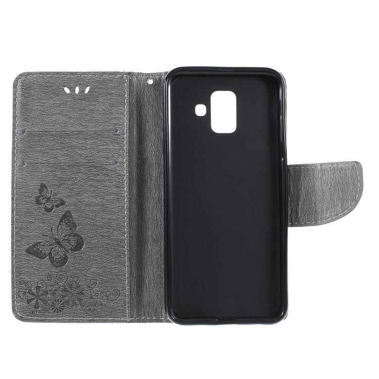 Imprint Butterfly Flower Leather Wallet Case for Samsung Galaxy A6 (2018) - Grey-6