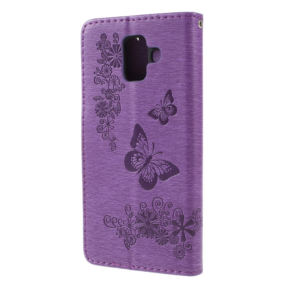 Imprint Butterfly Flower Wallet Leather Stand Cover for Samsung Galaxy A6 (2018) - Purple-2