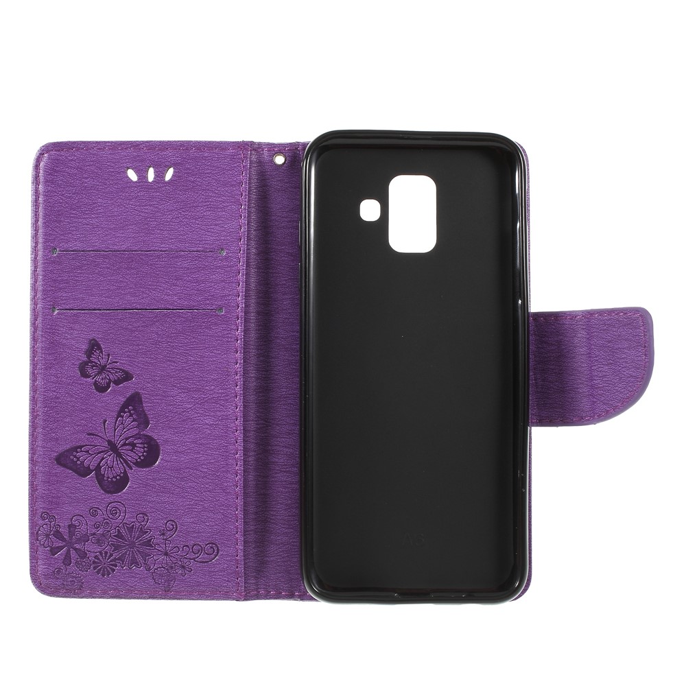 Impressão da Carteira de Flor de Borboleta Butterfly Tampa de Couro Para Samsung Galaxy A6 (2018) - Roxo-6