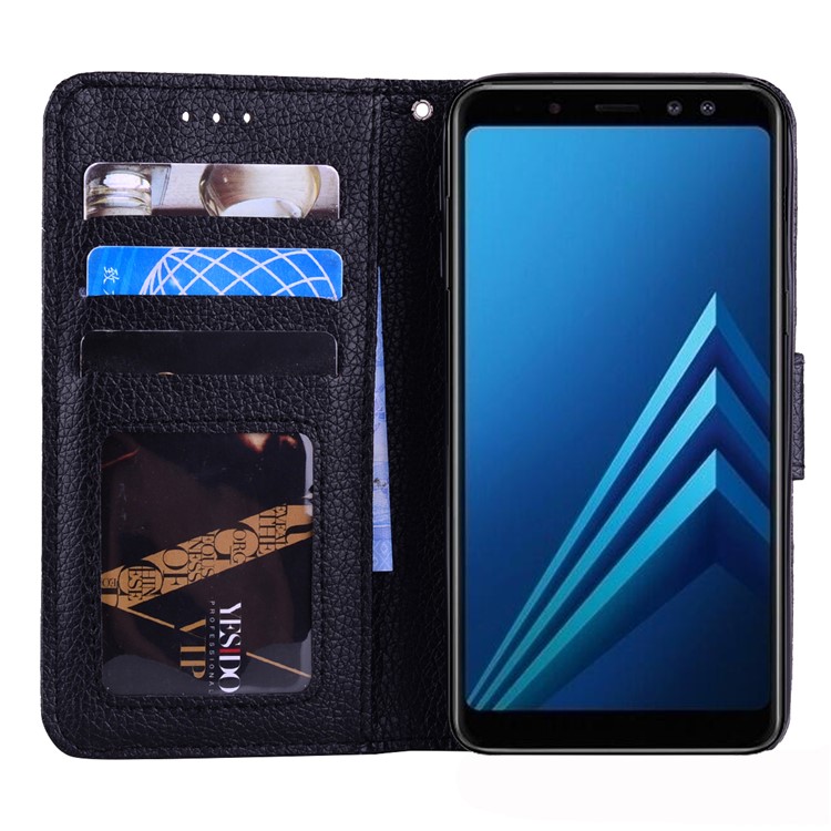 Litchi Skin Wallet Leather Stand Case for Samsung Galaxy A8+ (2018) - Black-6