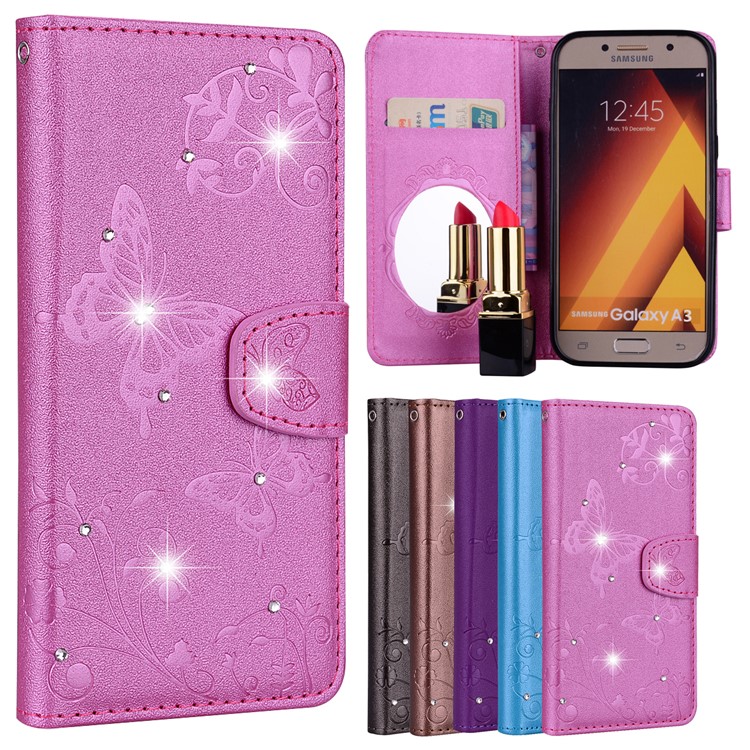 

Imprinted Butterfly Flower Pattern Rhinestone Leather Wallet Case for Samsung Galaxy A3 (2017) - Rose