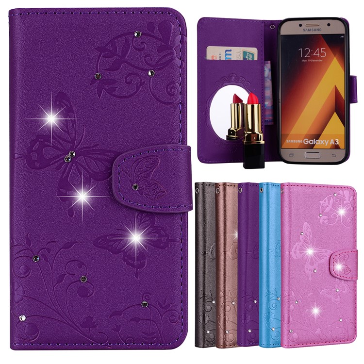 

Imprinted Butterfly Flower Pattern Rhinestone Leather Wallet Stand Cover with Card Holders for Samsung Galaxy A3 (2017) - Purple