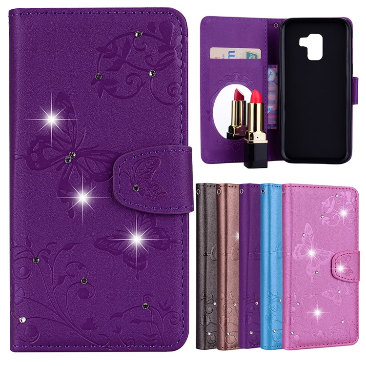 

Imprinted Butterfly Flower Pattern Rhinestone Leather Wallet Phone Case for Samsung Galaxy A8+ (2018) - Purple