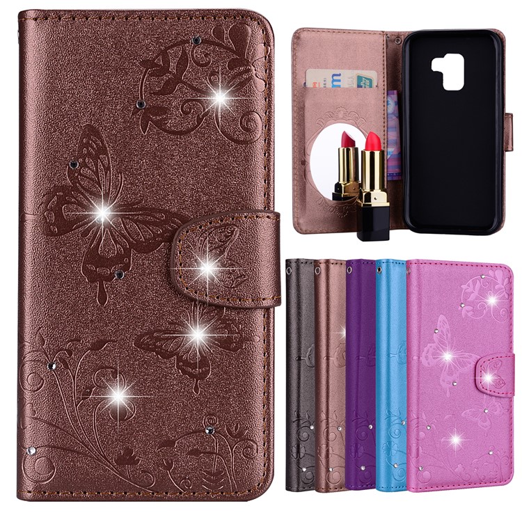 

Imprinted Butterfly Flower Pattern Rhinestone PU Leather Wallet Case for Samsung Galaxy A8+ (2018) - Brown