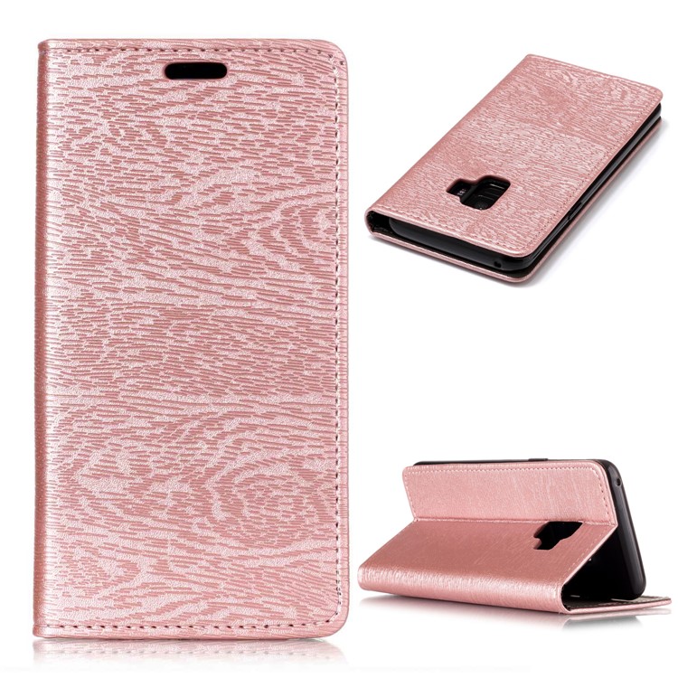 Auto-absorbed Wood Pattern PU Leather Cell Phone Case with Stand for Samsung Galaxy S9 G960 - Rose Gold-1