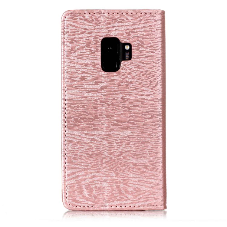 Auto-absorbed Wood Pattern PU Leather Cell Phone Case with Stand for Samsung Galaxy S9 G960 - Rose Gold-3